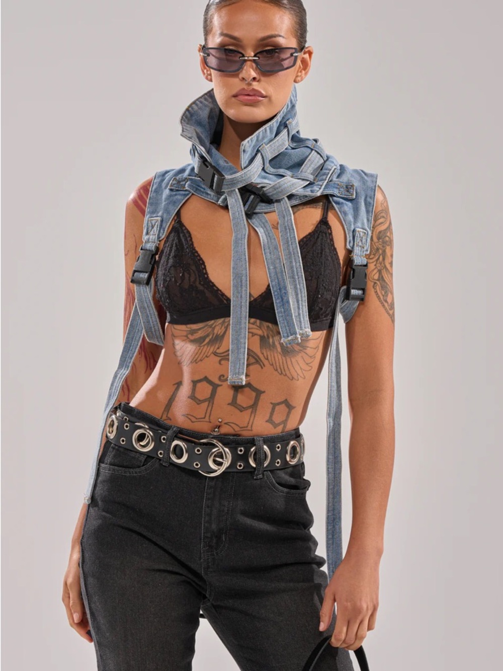 Denim Harness Vest with Buckle Straps - Light Blue - Picture 3 of 4